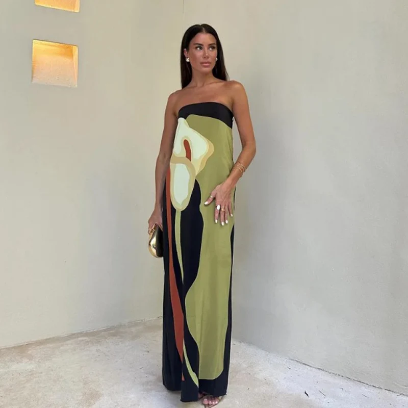 섹시한 Strapless Backless 인쇄 긴 드레스 여성 패션 민소매 오프 어깨 Vestidos 2024 여름 레이디 파티 저녁 가운