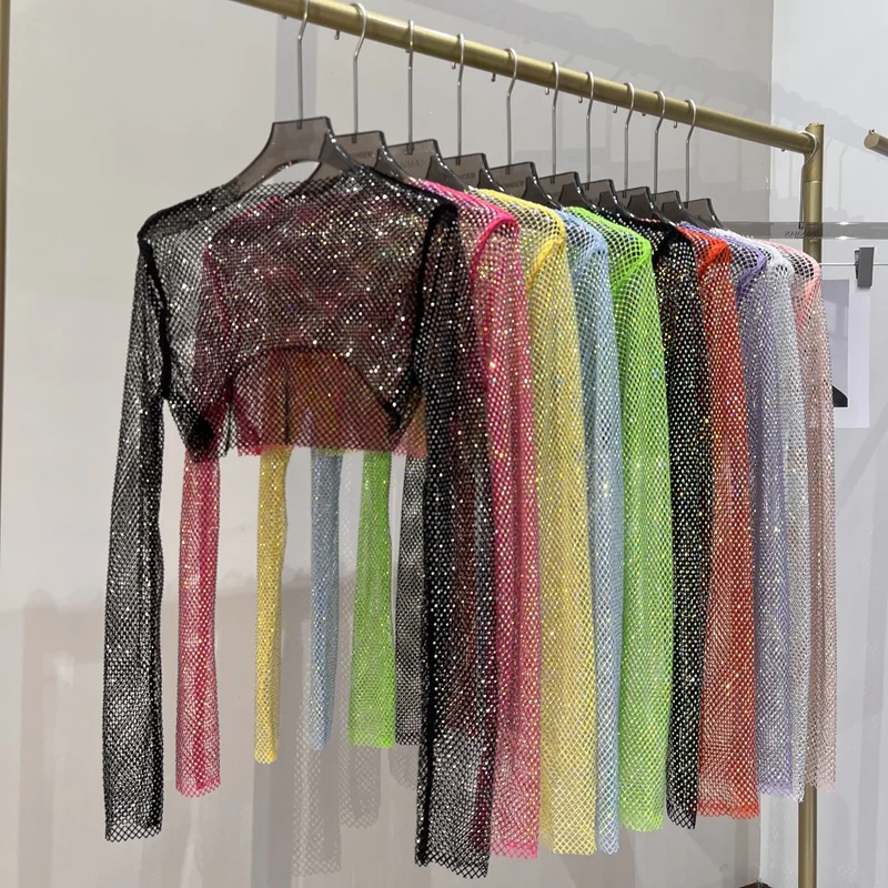 2023 새로운 섹시한 밝은 다이아몬드 짧은 탑 슬림 얇은 양 핫 드릴 긴팔 티셔츠 섹시한 누출 허리 나이트 클럽
