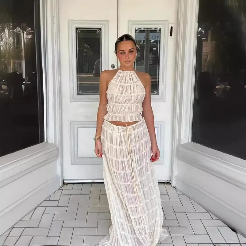 2024 여름 신상 섹시한 홀터넥 탑과 등이 드러나는 캐미솔, 플리츠 레이스 베스트, 롱 스커트 세트