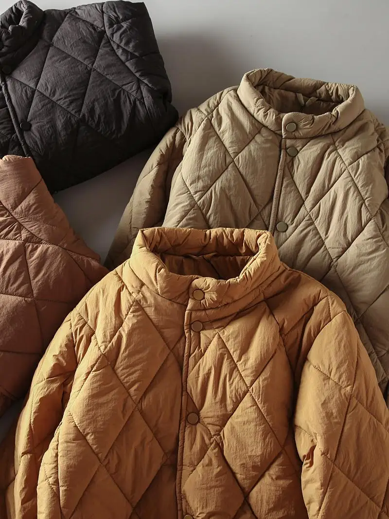 레트로 일본 스타일 코튼 재킷 퀼팅 가벼운 따뜻한 스탠드 칼라 커플 캐주얼 남성 코트 다이아몬드 패턴