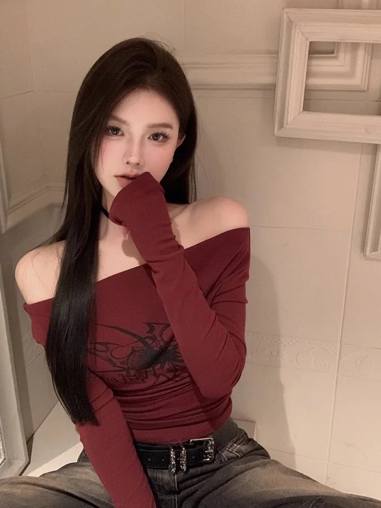 여성용 긴팔 오프숄더 티셔츠, Y2k 빈티지 상의, 스트릿웨어, 한국 스타일 크롭탑, 가을
