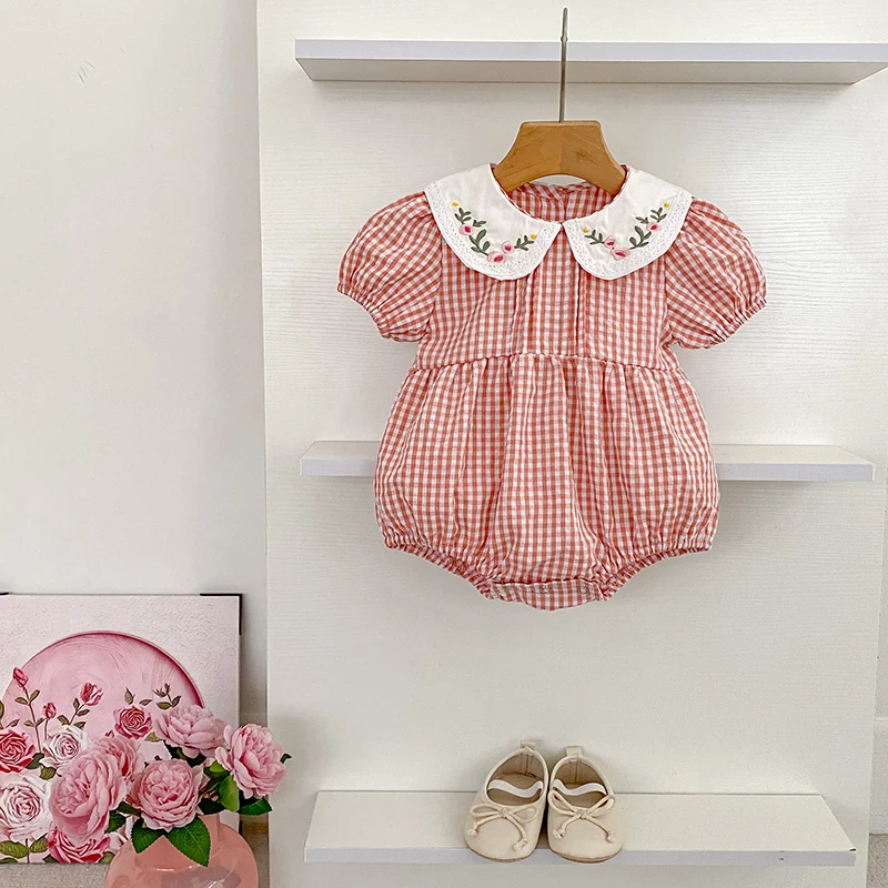 0-3Yrs 유아 아기 소녀 Rompers 자수 Bodysuit 소녀 Jumpsuits 공주 소녀 핑크 그리드 Rompers 유아 여름 의류
