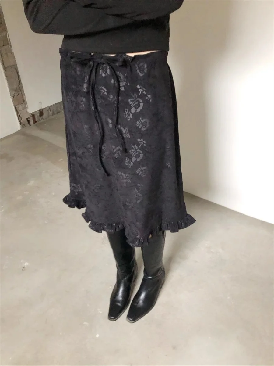 레트로 스트리트 스타일 다크 로즈 프린트 하프 길이 A라인 스커트 다용도 하이웨이스트 캐주얼 플로럴 엣지드 미드 길이 슬리밍