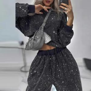 여자의 밝은 다이아몬드 별 반짝 이는 2 조각 세트 우아한 O 넥 탑 풀오버 & 레이스 업 바지 세트 가을 스포츠 정장 빈티지 2025