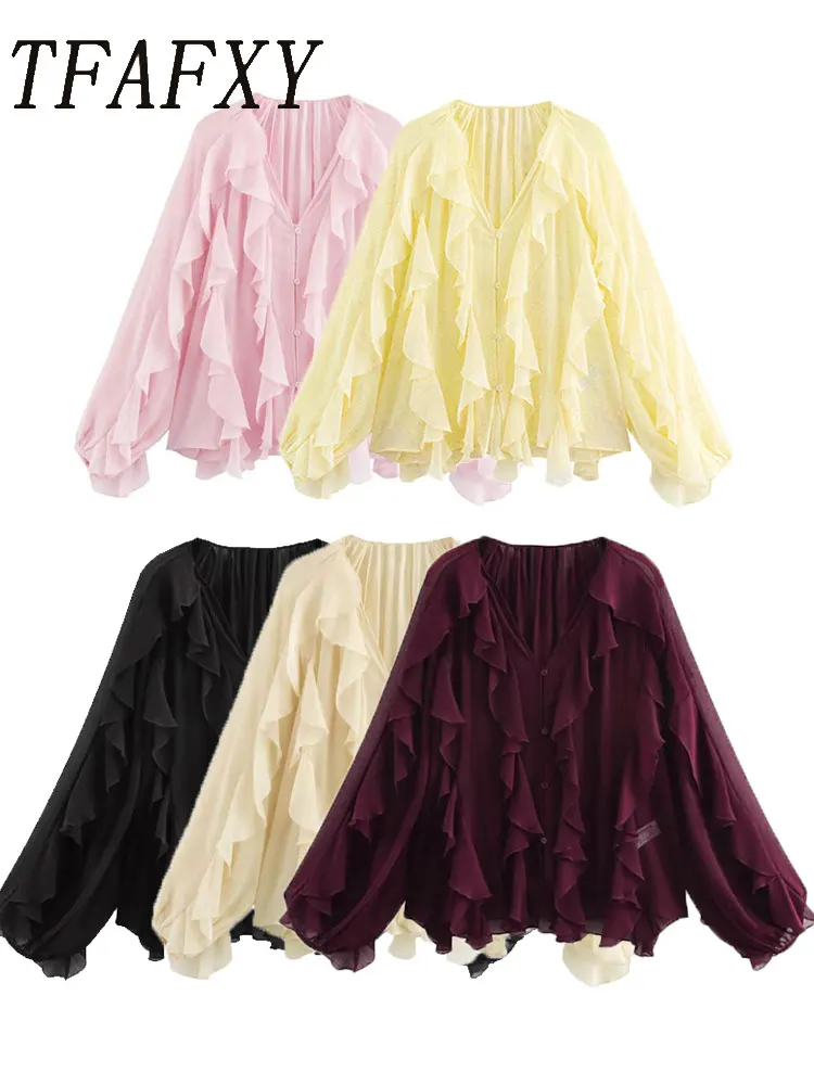 여성 캐주얼 프릴 셔츠 루즈 레이스 업 중공 V 넥 탑 2025 봄 블라우스 여성 의류