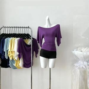 여성 여름 하이 스트레치 슬래시 넥 플레어 슬리브 슬림 티셔츠 레이디 섹시 플리츠 슬림 솔리드 컬러 풀오버 티 탑