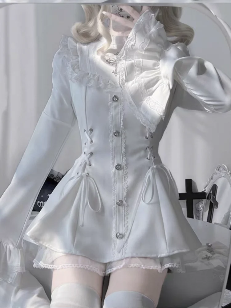 고딕 빈티지 뜨거운 여자 슬림 패치 워크 드레스 여성 하이 스트리트 레이스 스키니 긴 소매 드레스 프랑스 달콤한 흰색 의류 새로운