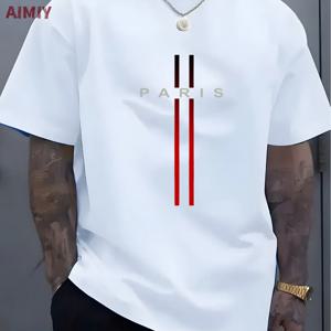 남성용 캐주얼 루즈핏 티셔츠, PARI 레터 패턴 프린트, 라운드 넥, 반팔, 오버사이즈 티셔츠, 여름