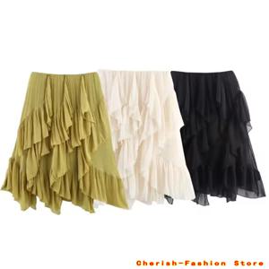불규칙한 프릴 케이크 스커트 플리츠 케이크 여성 스커트 하이 웨스트 Faldas Mujer 일본 스타일 Eleganr 스커트 봄 여름 2025