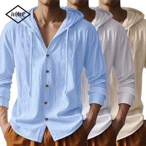 여름 핫세일 비치 스타일 남성 긴팔 후드 코튼 린넨 솔리드 컬러 캐주얼 만능 카라 셔츠 남성 상의