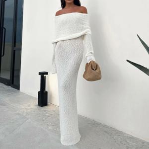 패션 스타일 니트 원숄더 시스루 비치웨어 커버업 여성 비치 휴가 자외선 차단 드레스 우아한 롱 드레스