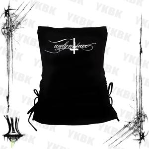 레터 크로스 프린트 멜빵 캐주얼 스트릿웨어 하라주쿠 그런지 펑크 Y2K 크롭탑 시크 섹시 레이스 트림 에모걸 힙합 여성 상의