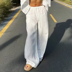 우아한 코튼 린넨 헐렁한 바지 패션 여성 높은 허리 Drawstring 포켓 느슨한 넓은 다리 바지 캐주얼 streetwear 새로운 바지