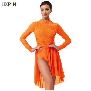 Womens Glittery Rhinestone 서정적 댄스 드레스 긴 소매 Ruched Backless 원피스 레오타드 드레스 현대 무용 의상