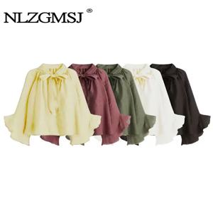 NLZGMSJ 보우 장식여성을위한 느슨한 긴팔 블라우스 새로운 패션 프릴 에지 셔츠와 블라우스 여성 탑