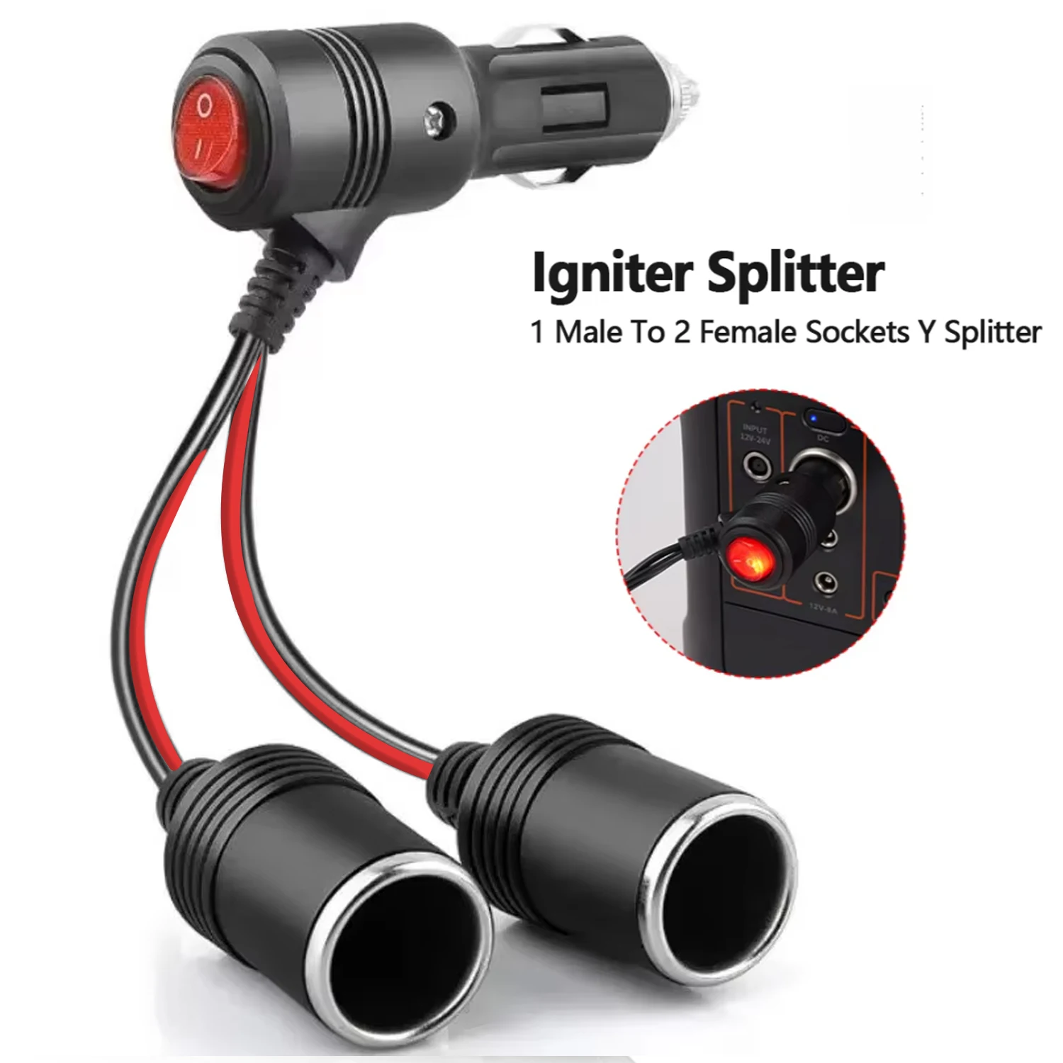 12-24V 범용 자동차 시가 라이터 스플리터 어댑터 1개의 남성 소켓에서 2개의 여성 소켓으로 Y 스플리터, 자동차 트럭 RV용 온오프 스위치 포함