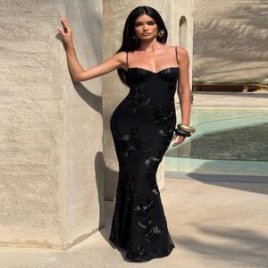 니버 우아한 꽃 자수 맥시 원피스 여성 로우 넥 크로스 붕대 백리스 여름 거리 트렌드 스키니 홀리데이 베스티도