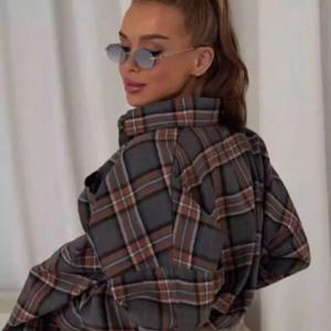 가을 격자 무늬 느슨한 긴 소매 여성 셔츠 빈티지 스타일 스트리트 패션 코튼 소재 버튼 클로저 이너웨어