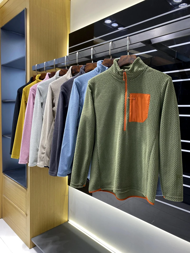 야외 활동 청소년 패션 플리스 안감 스웨트셔츠 하프 지퍼 웨이브 텍스처 중간 레이어 보온 의류 루즈핏 긴팔