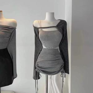 봄 패션 순수한 욕망 부드러운 한국 레트로 스타일 여성용 짧은 스커트 세트 드로스트링 스트랩리스 탑과 미니 스커트 3피스 세트