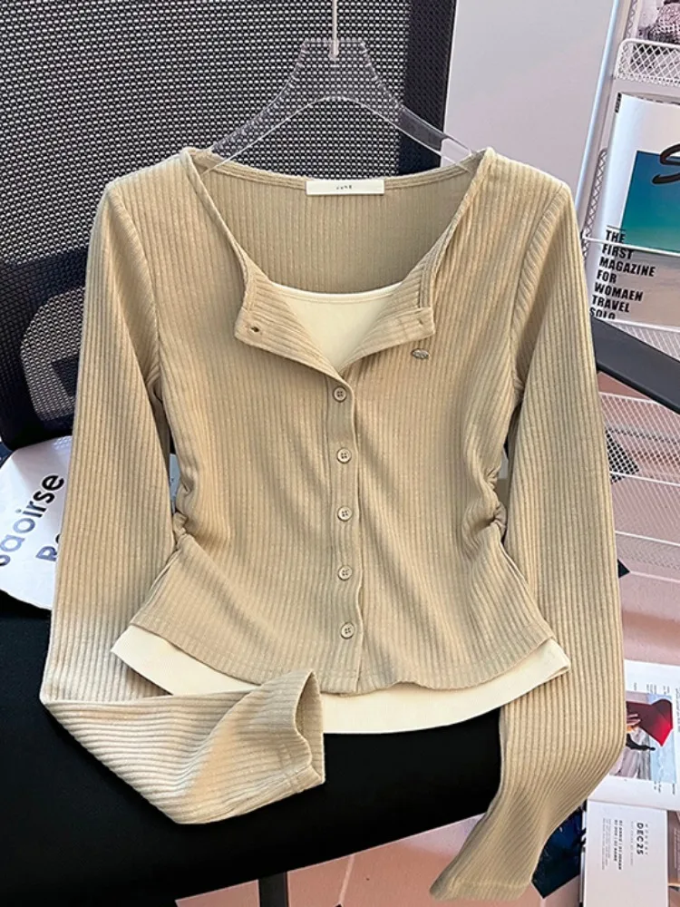 한국 스타일 매운 소녀 스타일 반팔 V넥 탑 여성 슬림핏 긴팔 티셔츠 초가을 신상 출퇴근룩