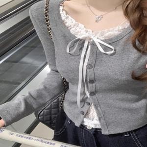 플러스 사이즈 레이스 패치워크 반팔 티셔츠 여성 가을 독특하고 정교한 배 커버 긴팔 탑 한국 스타일 통근복