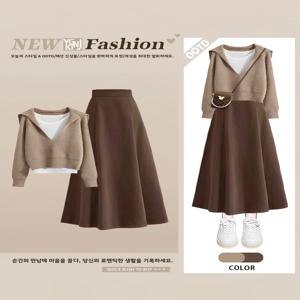 레트로 니트 스웨터 세트 하이웨이스트 여성 패션 3피스 수트 가을 시즌 캐주얼웨어 V넥 긴팔 베스트 스커트