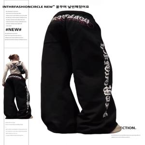 아메리칸 레트로 레터 프린트 드로스트링 스포츠 팬츠 여성용 가을 겨울 루즈핏 레이지 다용도 롱 트라우저 캐주얼 하이웨이스트 엘라스틱 와이드 레그