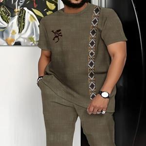 캐주얼 남성 패션 세트 다용도 일상 스타일 라운드넥 반팔 상의와 릴렉스 핏 바지 투피스 세트