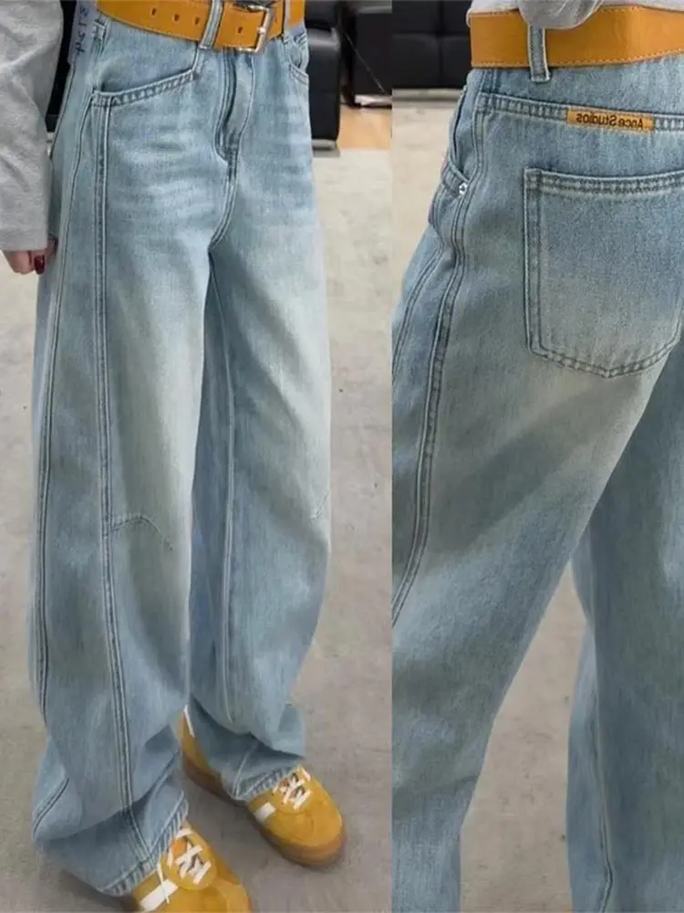 슬리밍 나이프 엣지 스트레이트 레그 청바지 여성용 아메리칸 스타일 하이 웨이스트 루즈핏 패셔너블 봄 신상품