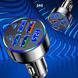 6in1 차량용 충전기 초고속 충전 4 USB 2 USB C 멀티 포트 전압 디지털 모니터 차량용 시가 라이터