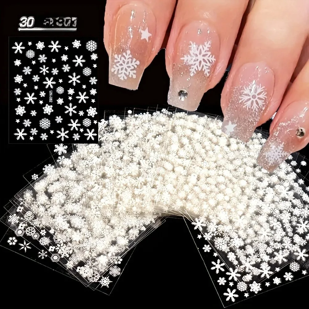 손톱 장식용 크리스마스 네일 아트 스티커 30개, 만화 눈송이와 눈사람 패턴이 있는 자가 접착식