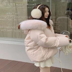 핑크 폭스 퍼 칼라 숏 다운 코튼 재킷 여성용 스몰 사이즈 겨울 브레드 스타일 코트 따뜻한 코튼 의류 코트