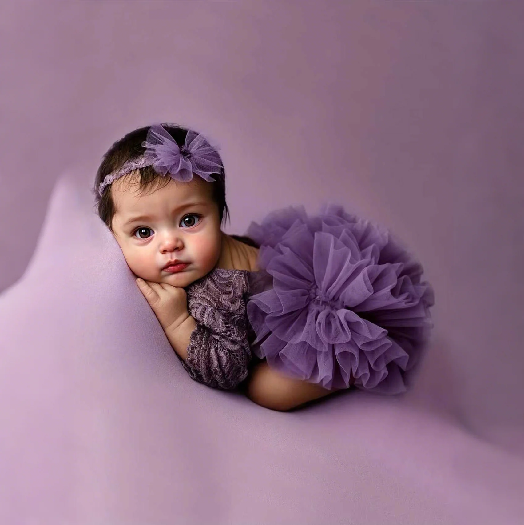 Ylsteed 2피스 세트 더스티 핑크 신생아 레이스 롬퍼 사진 촬영용 플러피 메쉬 레이스 촬영 의상 헤드밴드 포함