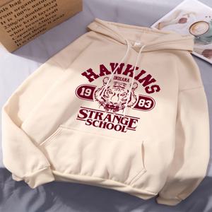 Hawkins Strange School 1983 프린트 후드티 여성용 겨울 양털 따뜻한 스웨트셔츠 기본 루즈 포켓 풀오버 스트리트 여성 의류