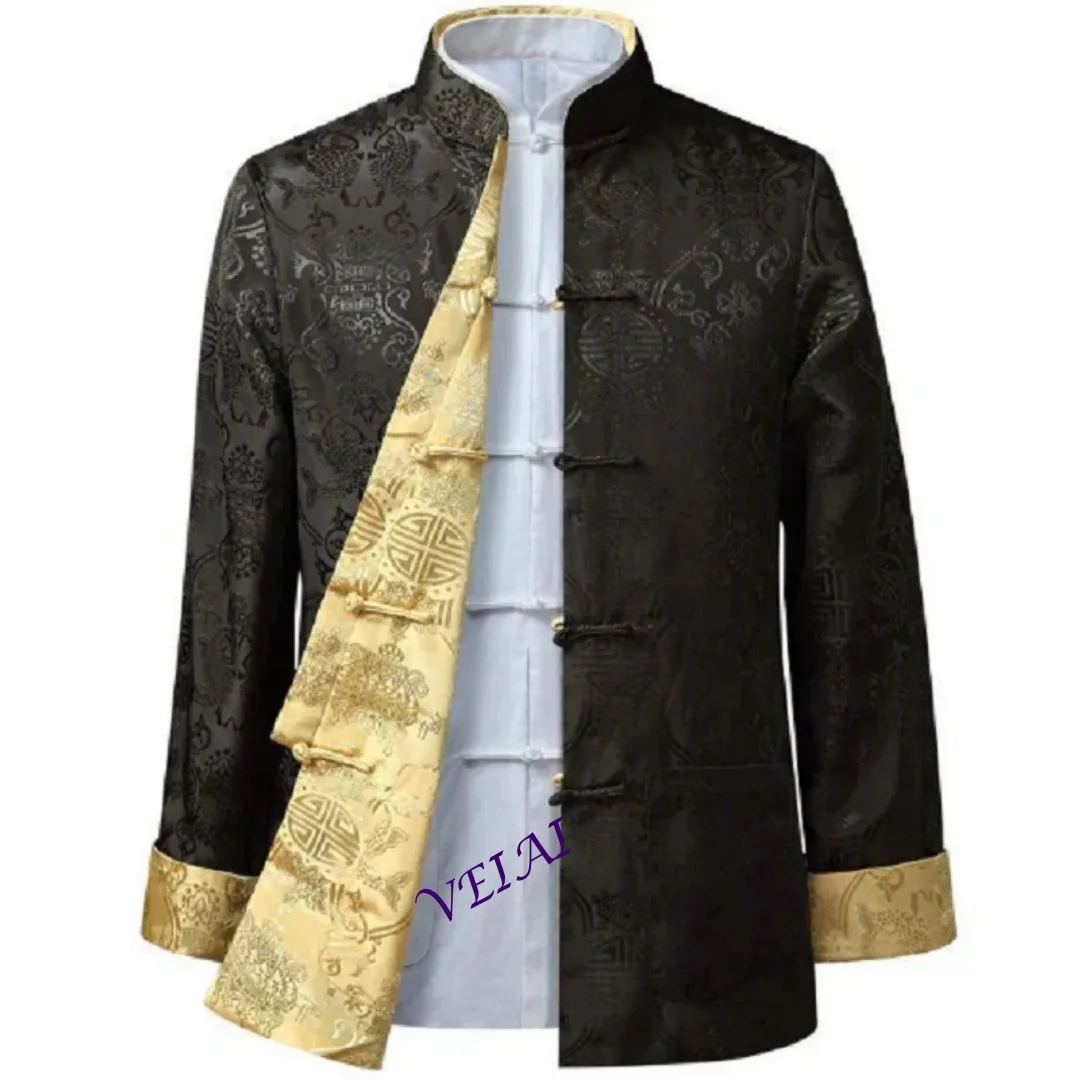 핫세일 남성 중국풍 새틴 실크 탕복 자켓 양면 긴소매 쿵푸 코트 한복 의류 자켓 사이즈 S-3XL