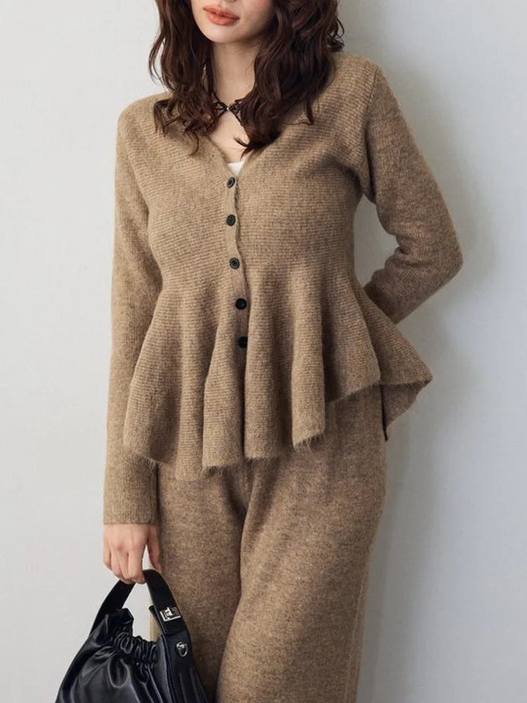 일본 스타일 부드럽고 아늑한 V넥 니트 탑 여성 패션 스트레이트 레그 팬츠 세트 트렌디 투피스 수트 긴팔 버튼 클로저