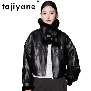 TAJIYANE 양가죽 구스다운 코트 시크한 울 칼라 패딩 재킷 짧은 천연 가죽 재킷 여성 2025 겨울 의류
