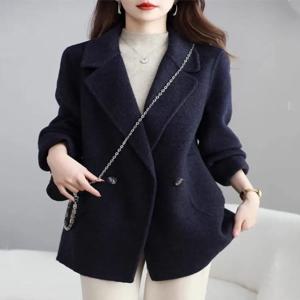 양면 모직 코트 여성용 2025 가을 겨울 신상 스몰 사이즈 슈트 칼라 중간 길이 포켓 스퀘어 스카프