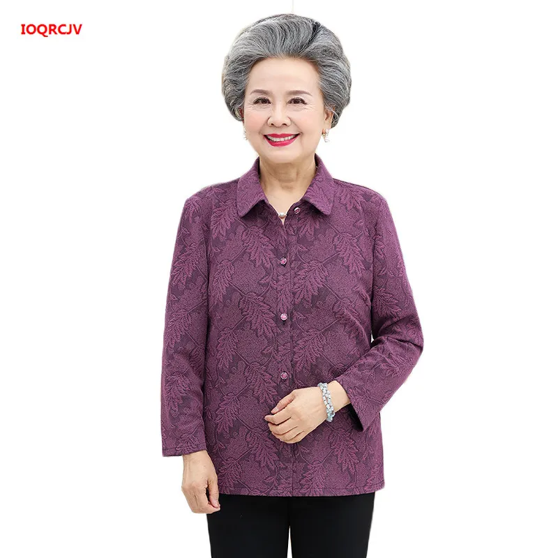 노년 가을 여성 상의, 60-70 세 어머니 블라우스, 긴 소매 프린트 셔츠, 할머니 봄 코트, 가디건 블라우스 1485