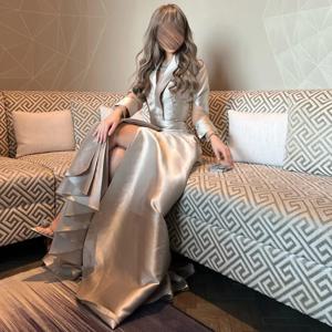 여성용 맞춤형 긴팔 이브닝 드레스, V 넥 A 라인 단색, 하이 슬릿 무도회 가운, 빈티지 연예인 연회 파티 원피스