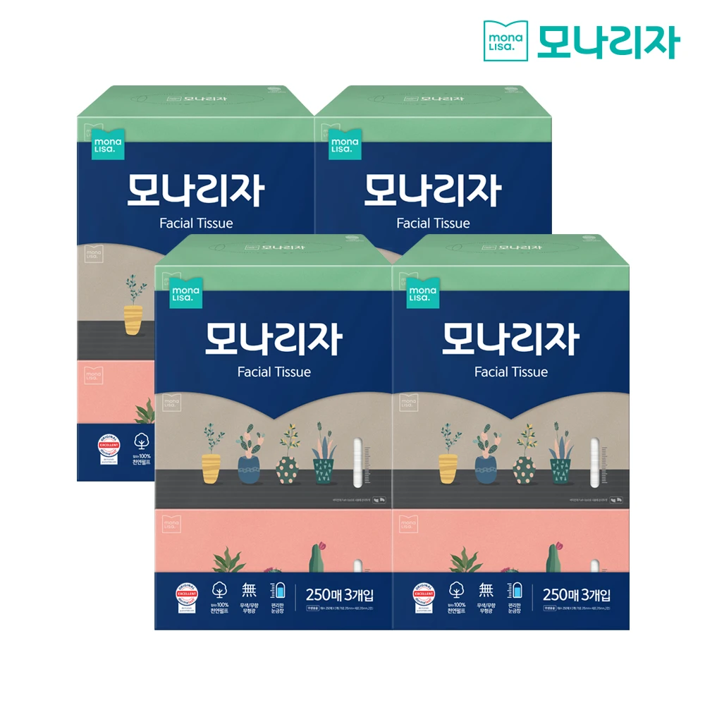 모나리자 피부 저자극 미용티슈 250매 12개 천연펄프 100% 눈금창 각티슈 곽티슈 갑티슈