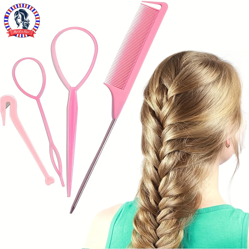 4피스 WANMEI 헤드밴드 도구, 마우스 테일 빗이 있는 머리 땋기 도구, 포니테일 헤드밴드 리무버, 빠른 스타일링 헤어 액세서리