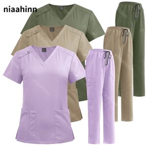 Niaahinn 스크럽 유니폼 정장 반팔 v 넥 간호 세트 스파 유니폼 여성 여러 가지 빛깔의 애완 동물 미용 의사 의료 작업복