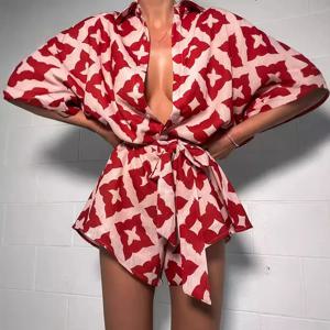 2024 새로운 가을 여성 느슨한 캐주얼 프린트 스트랩 점프 슈트 레드 프린트 보우 타이 턴 다운 칼라 루즈 바디 슈트 섹시한 의상 streetwear