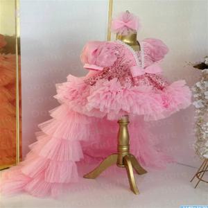라이트 핑크 깃털 어린 소녀 Tulle 미인 대회 드레스 꽃의 소녀 드레스 세례 파티 댄스 파티 축제 사용자 정의