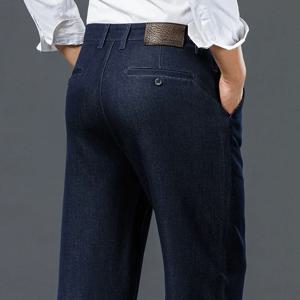 남성용 스트레이트 레그 청바지, 블루 및 블랙 캐주얼 루즈핏, 두꺼운 데님 미드 라이즈 바지, 용수철 사이즈 40-44