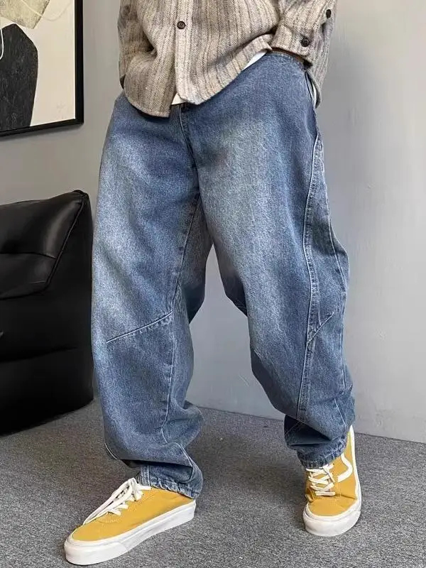 레트로 워싱 루즈핏 스트레이트 남성 청바지 헤비 듀티 아메리칸 캐주얼 패셔너블 내구성 하이웨이스트 드로스트링 항균
