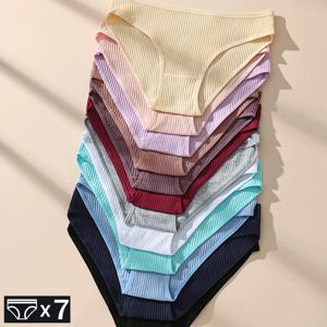 7Pcs 여성 팬티 여성을위한 줄무늬 팬티 저층 통기성 코튼 여성 부드러운 속옷 단색 숙녀 속옷
