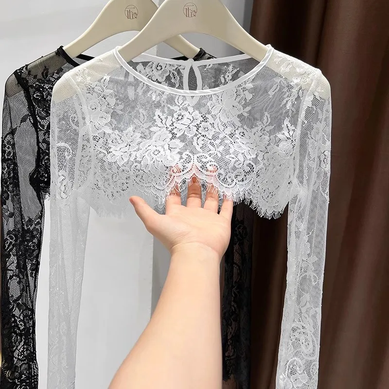 우아한 블랙 레이스 선쉐이드 커버업 초단축 슬리브리스 여성용 탑 얇은 메쉬 아우터웨어 (2026년 여름)